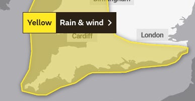 The area covered by the Met Office Yellow Warning. Image: Met Office