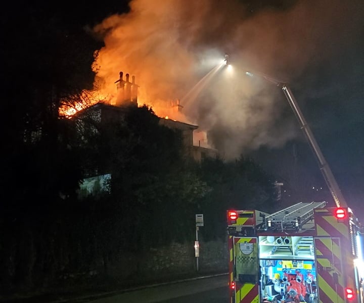 Firefighters tackling a blaze at the  derelict Coppice Hotel in Torquay last night.  ©Totnes Fire Station