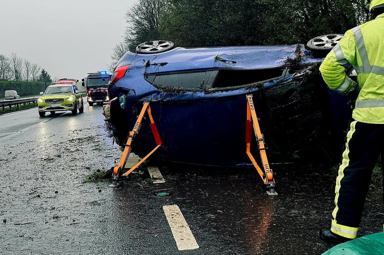 Firecrews at the scene of this evening's road traffic incident on the A38 at Dean Prior. Photo: Buckfastleigh Fire Station