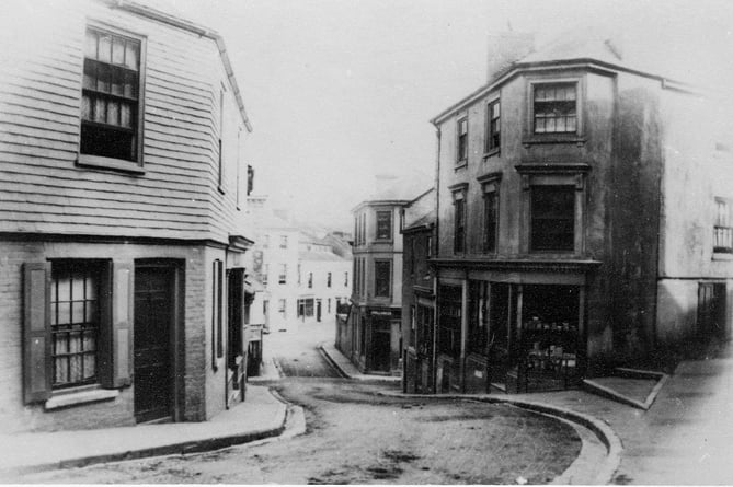 Looking south east down Fore Street, Kingsbridge. No 10 Fore Street on the right of picture, around 1890.