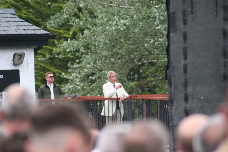 Nigel Farage speaking at Trago Mills, Newton Abbot, ahead of the July 4 general election