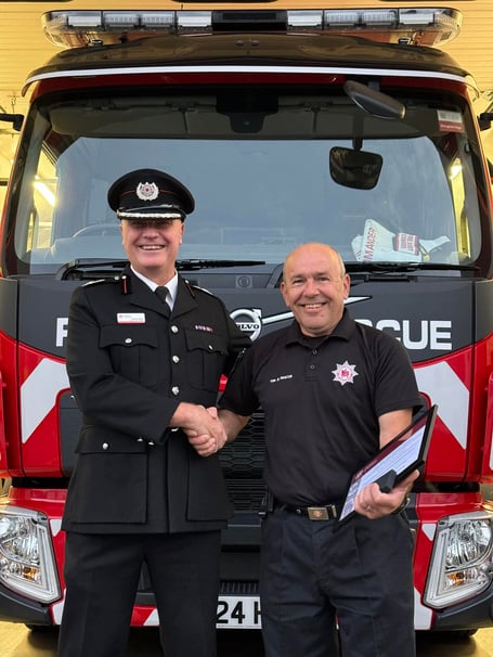Assistant Chief Fire Officer Gerald Taylor presented the station’s Watch Manager Dave Harvey with The Fire and Rescue Service Long Service and Good Conduct Medal Thirty Years of Service Clasp