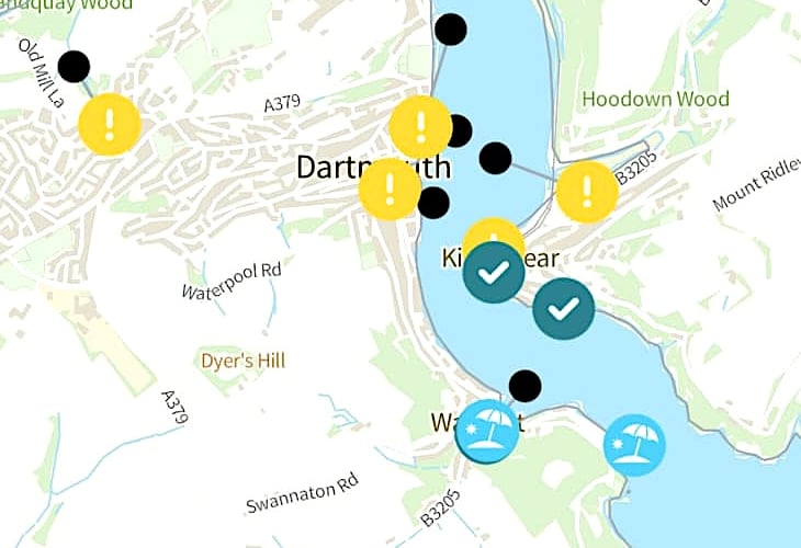 South West Water's WaterFit map showed the sites along the River Dart where storm overflows had been activated 
