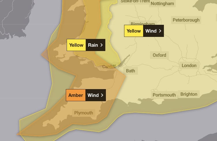Storm Darragh weather warnings put in place by the Met Office for Saturday.

