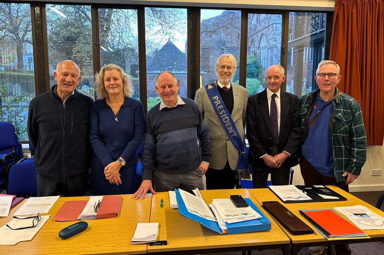Devon Association of Bellringers officers, from left, treasurer Nigel Bateman, secretary Deborah Jones, chair James Steer, president Ian Avery, outgoing president John Warne and safeguarding officer Charles Conibeare.  AQ 7935