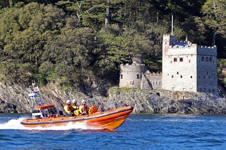 Relief Atlantic 85 inshore lifeboat Norma Ethel Vinall B-825 at Dart, at sea during a training exercise with D-class Dudley Jane D-838.