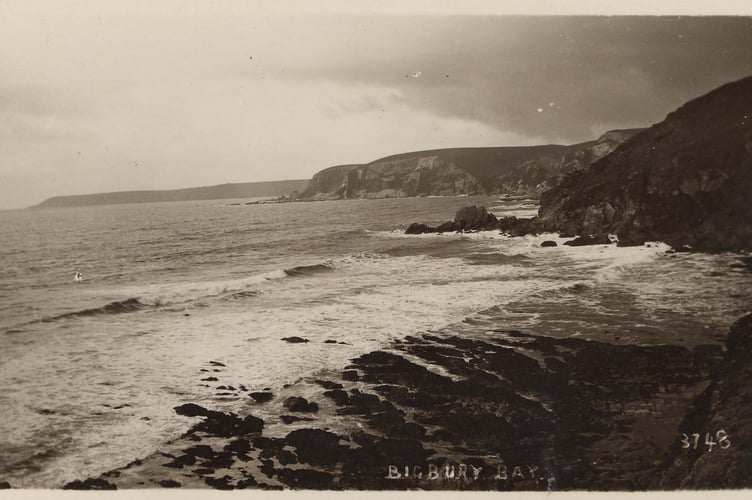 View of cliffs and foreshore west of Challaborough in Bigbury Bay