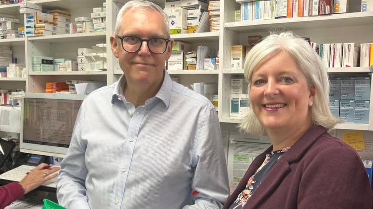 Craoline Voaden MP with Phil Dawes, owner of Modbury Pharmacy.