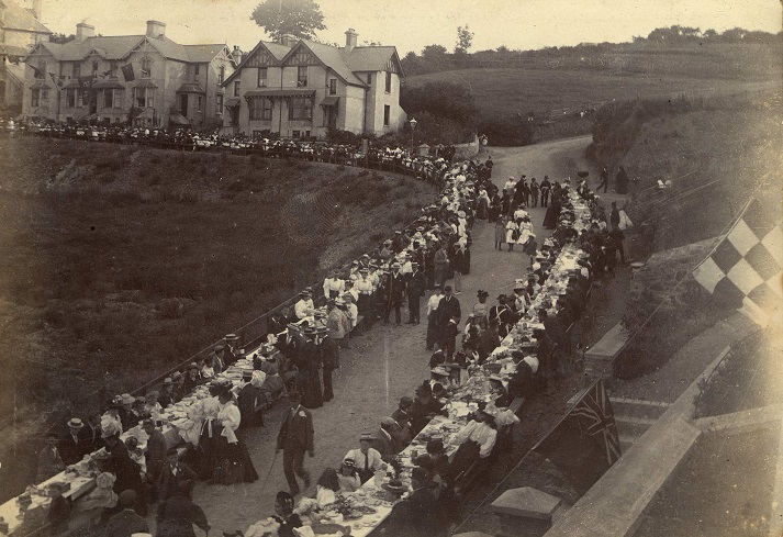 Tea tables stretching along the road, Diamond Jubilee celebrations, Salcombe. Top of Allenhayes Road before Methodist Chapel was built