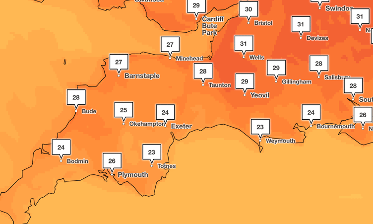 Met Office heat forecast for Devon on 19 June 2025.