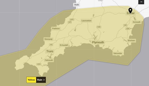 Yellow weather warning issued for Devon