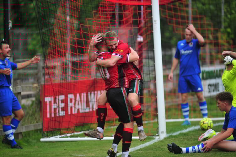 South West Peninsula League Premier East.  Bovey Tracey versus Honiton. A 6-0 home win for Bovey. Celebrations for goal number to of the game