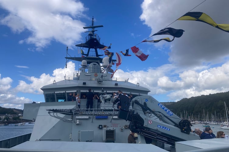 HMS Mersey dressed with flags