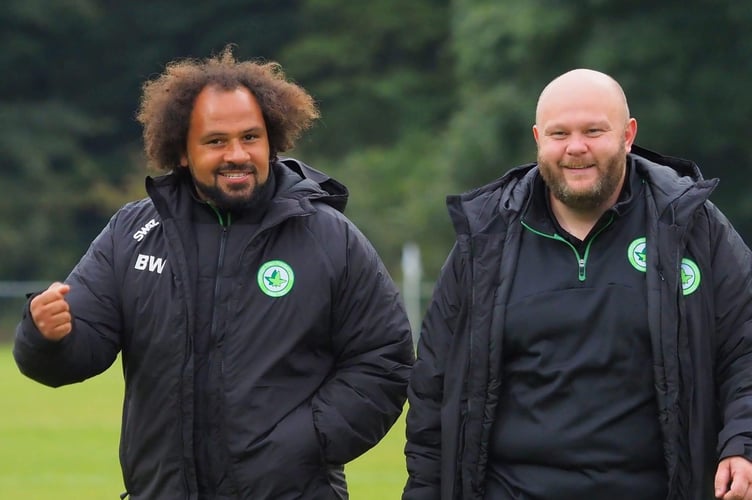 Ivybridge Town managers Ben Washam and Brad Gargett after Brislington win