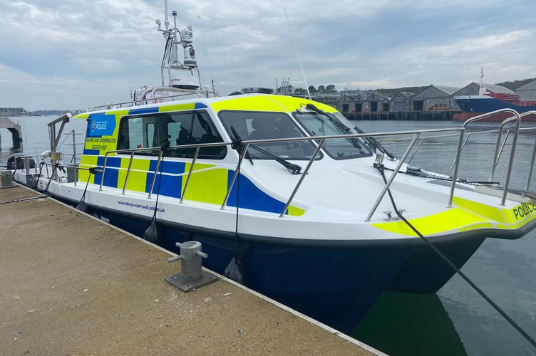New Devon and Cornwall Police boat, Neptune, moored at Plymouth Harbour.