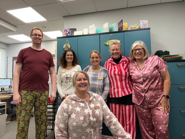 Totnes Caring Pyjama day. (Front) Charlotte Higman (Back left to right) James Cooper, Fay Roblin, Lisa Perrot, Nicky Stapells, Sheila Lamkin).