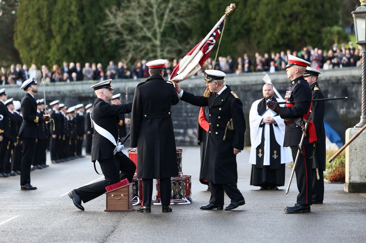19th Dec 2025 - His Majesty The King consecrates new Colours, a silk White Ensign featuring the Kings Cypher.
Nearly 55 years after he himself passed out of the same famous institution to begin his naval career, King Charles was Guest of Honour, celebrated the achievements of a new generation of cadets at Britannia Royal Naval College in Dartmouth.
On parade for the historic Lord High Admiralâs Divisions, watched by friends and family, were more than 190 cadets whoâd undergone the 29-week transformation from civilians to junior naval officers, as well as sailors promoted from the ranks, and international cadets who will go on to serve in the navies of the Bahamas, Kuwait, Malta, Oman, Qatar and UAE.
His Majesty was treated to a flypast upon arrival from DA20 Dassault Falcons before consecrating new Colours â a silk White Ensign featuring the Kingâs Cypher â which will be entrusted to the College.
During Divisions, the King inspected UK and overseas cadets in the Royal Guard, and spoke with musicians from the Royal Marines Band, who performed the Collegeâs new march, Lead With Courage, commissioned to celebrate its 120th birthday this year.
Throughout his visit, The King was accompanied by First Sea Lord General Sir Gwyn Jenkins, who also spoke to the massed ranks:
âYou inherit a proud tradition of operational excellence,â he declared.
âIn an era of global uncertainty, our strength lies in leaders who can fight and win. Be that exceptional leader - decisive, resilient, and unwavering in service.â