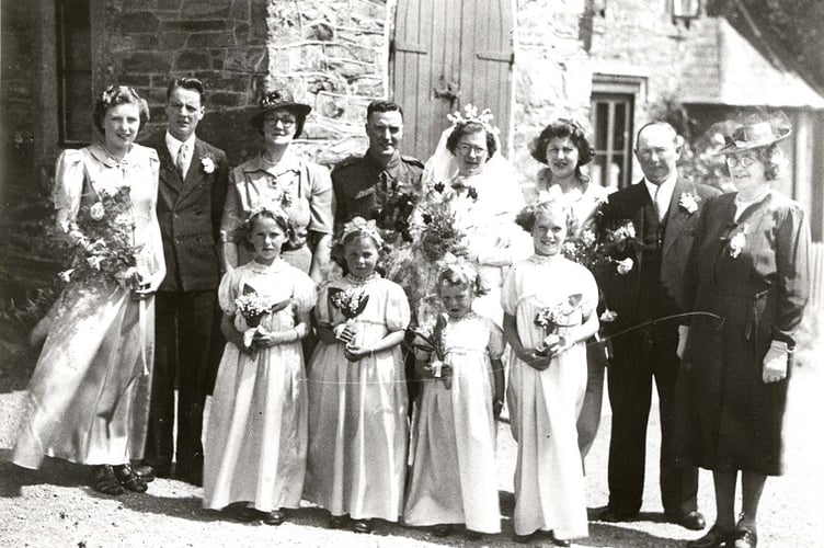 Wedding photo 1943 outside village hall, Loddiswell