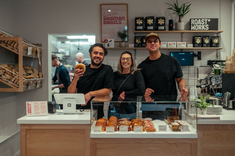Harman Bagels open new shop in Totnes. Left to right: Owners Jack Harman, Emma Harman, and George Harman.