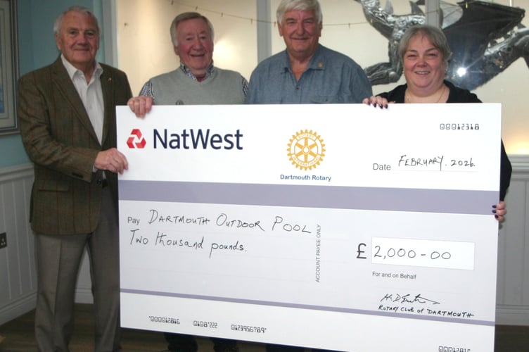 Dartmouth Outdoor Swimming Pool Manager Joanna Squires (far right) receives a cheque from Dartmouth Rotary Club to the tune of £2,000. With her, left to right, are: Dartmouth Rotary Club President Peter Goldstraw, Outdoor Swimming Pool Chairman David Bond and Rotarian and Pool Trustee Hilary Bastone.