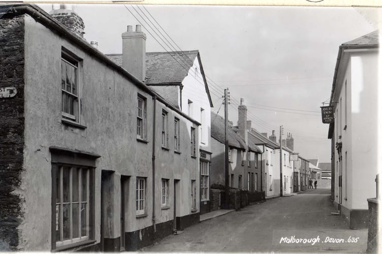 Malborough Village, Higher Town,  with 'Old Inn' on right, 'Royal Oak' on left 1954