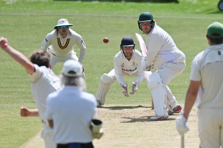 Devon Cricket League C Division West. Ipplepen 1st XI versus Cornwood 2nd XI. A 6 wicket win for Penns' who pipped their South Hams visitors score of 259/6 after 45 overs with 263/4 after 42.4 overs. Cornwood's Alex Robinson facing down a ball from Penn's Warrick Green