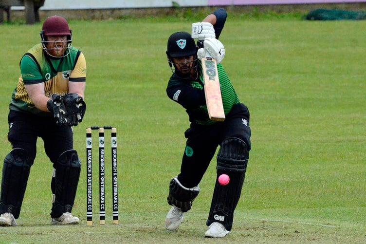Ivybridge batter Mickey Copeland unfurls the off-drive during his key innings against Bradninch & Kentisbeare