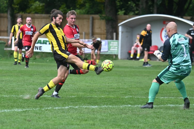 South Devon Football League. Division 1 match action from Bovey Tracey 2nds versus Beesands Rovers 1st. Five goals in total with Bovey taking a 3-2 win