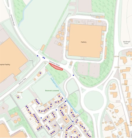The site of the proposed micro energy storage system, marked in red, at Tamerton Road, Plymouth. Image courtesy: Plymouth City Council