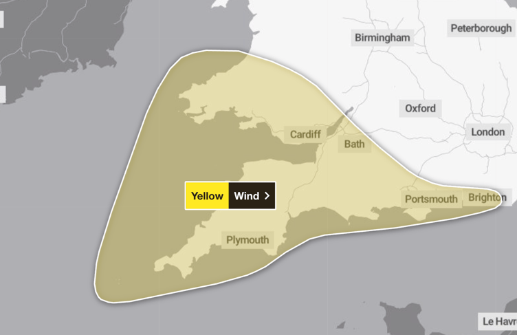 The Met Office has issued a Yellow Warning for wind as Storm Austen hits Devon and Cornwall